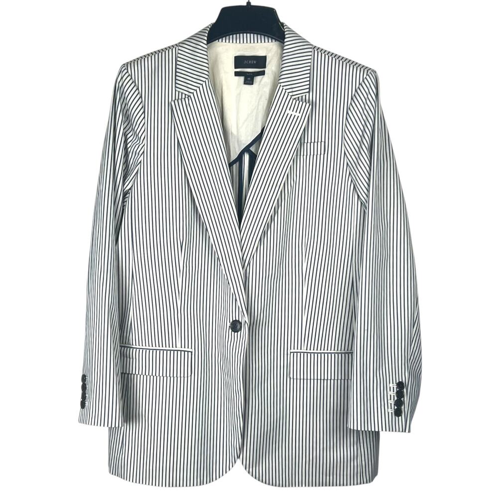 J.Crew Women's Size 16 Alfie On-Button Blazer Beige Teal Blue Striped Chino - Picture 2 of 12